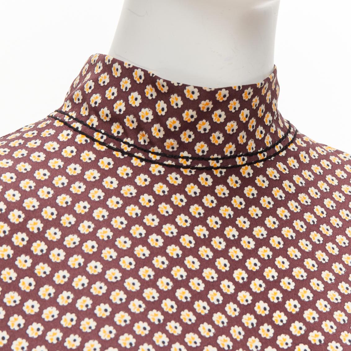 MARNI brown yellow floral asymmetric ruffle drapes hi neck top IT38 XS For Sale 2