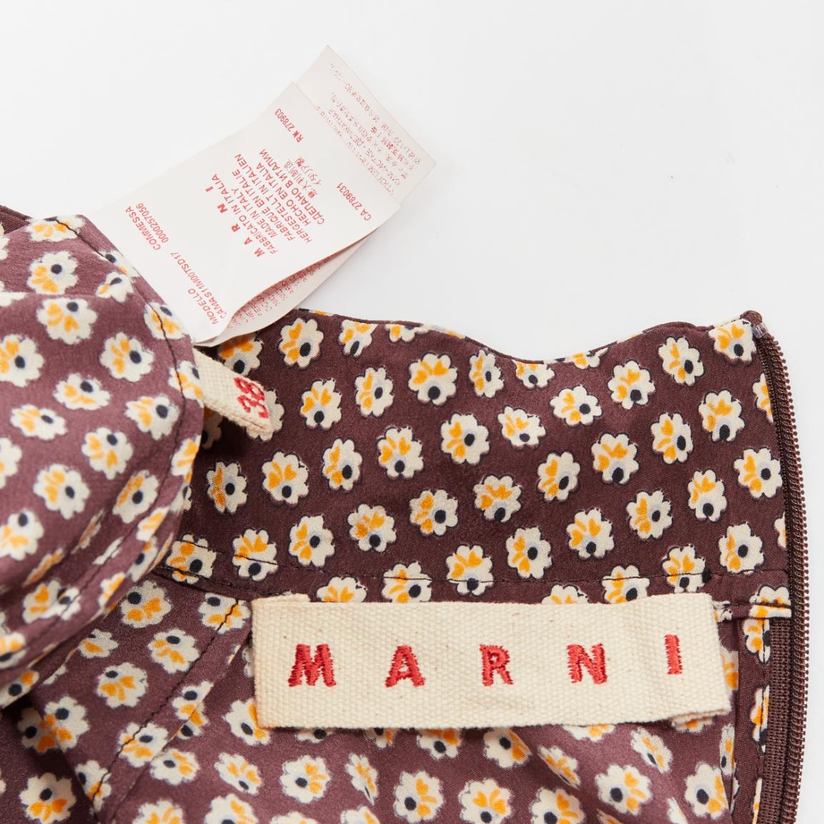 MARNI brown yellow floral asymmetric ruffle drapes hi neck top IT38 XS For Sale 3