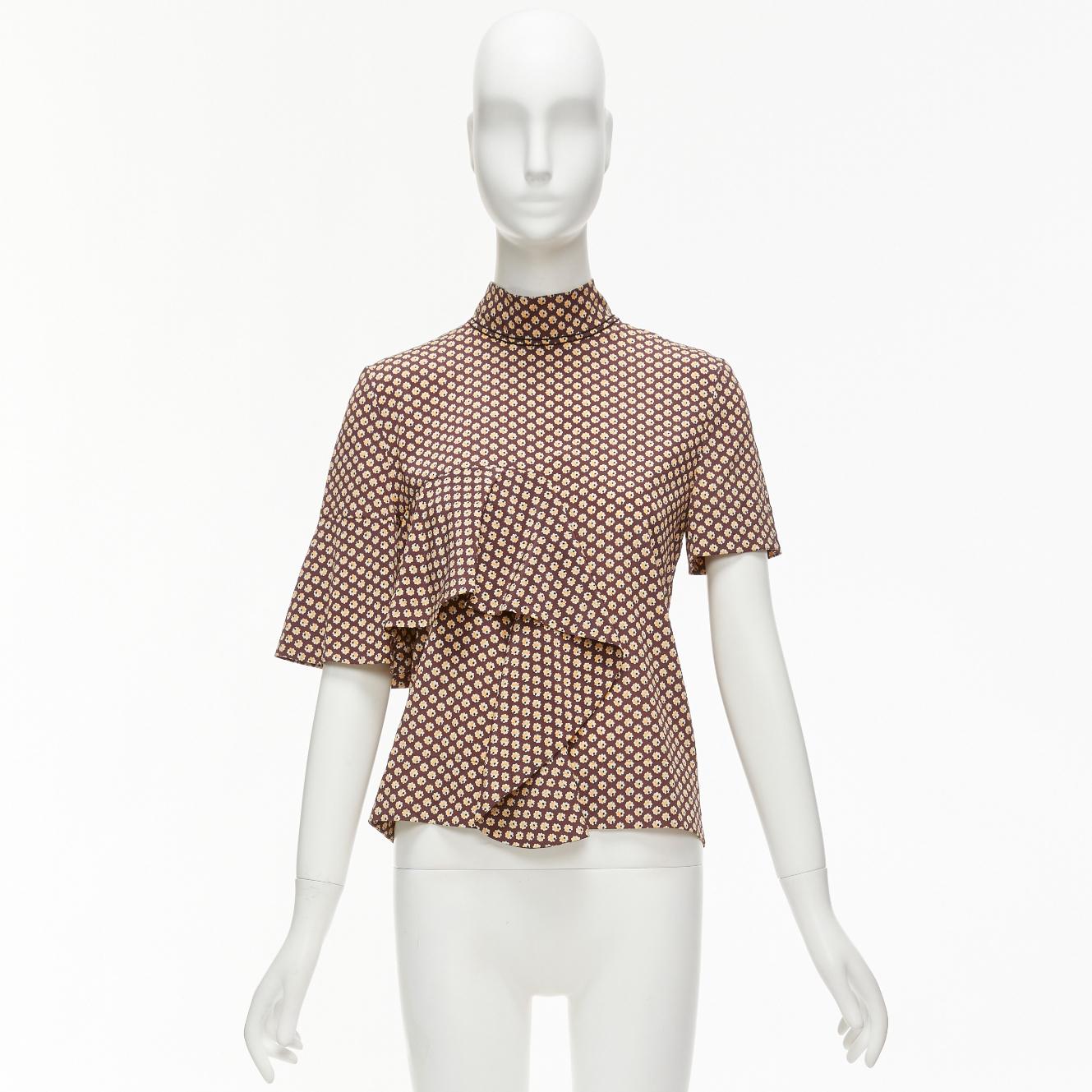 MARNI brown yellow floral asymmetric ruffle drapes hi neck top IT38 XS For Sale 4