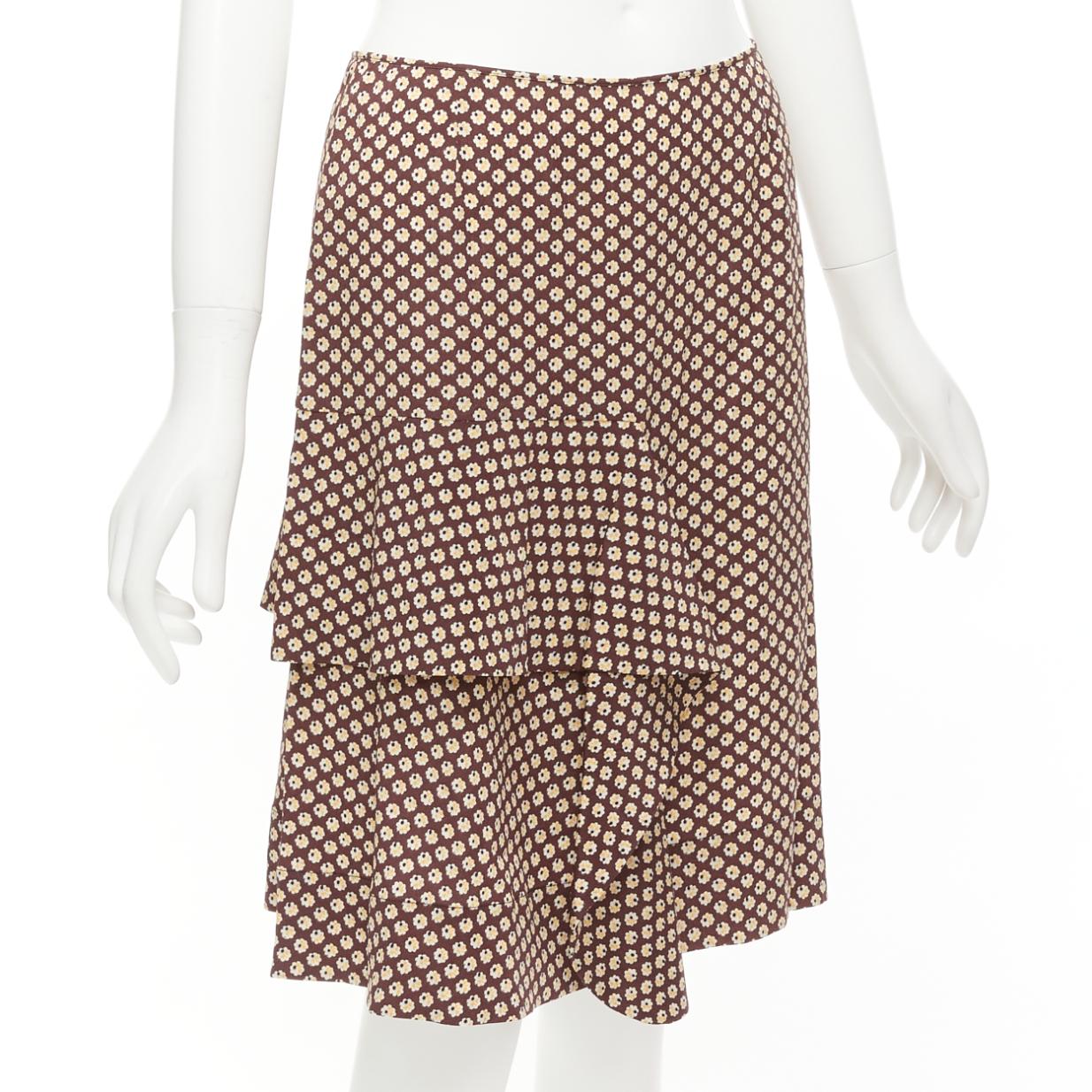 Brown MARNI brown yellow floral silk blend ruffle drape front mid skirt IT40 S For Sale