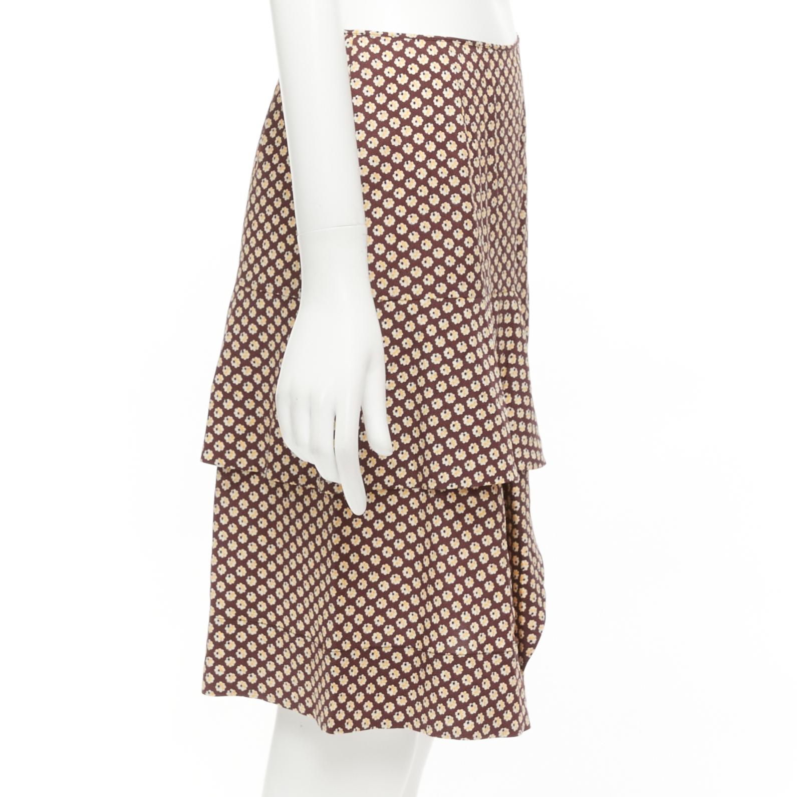 MARNI brown yellow floral silk blend ruffle drape front mid skirt IT40 S In Excellent Condition For Sale In Hong Kong, NT