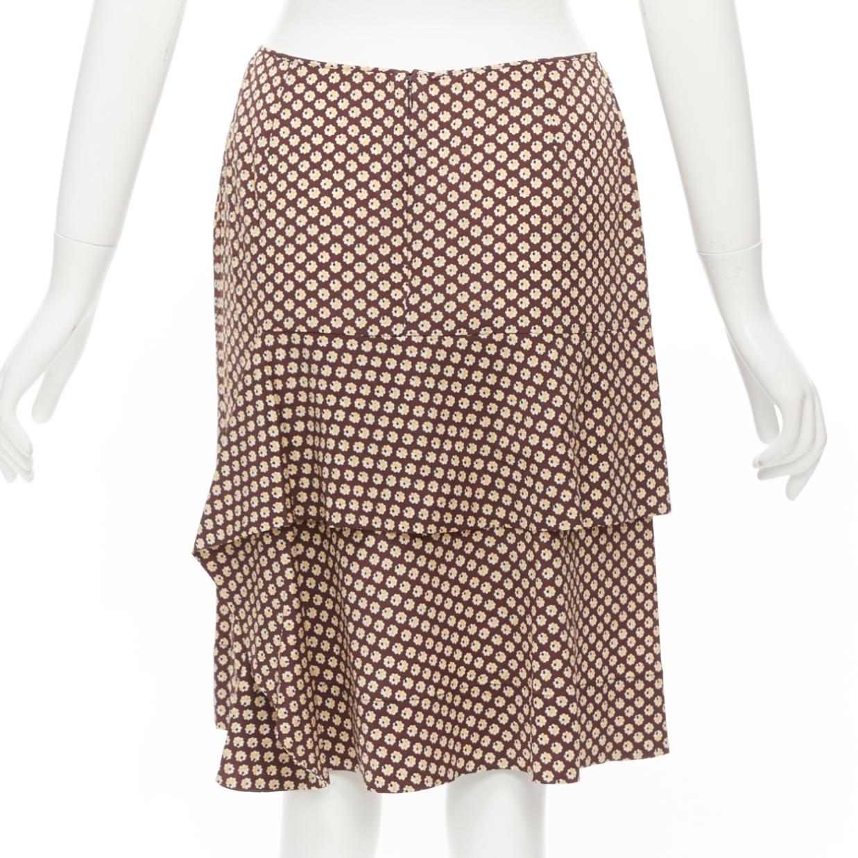 Women's MARNI brown yellow floral silk blend ruffle drape front mid skirt IT40 S For Sale