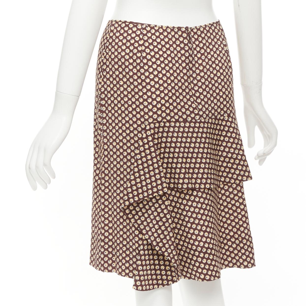 MARNI brown yellow floral silk blend ruffle drape front mid skirt IT40 S For Sale 1