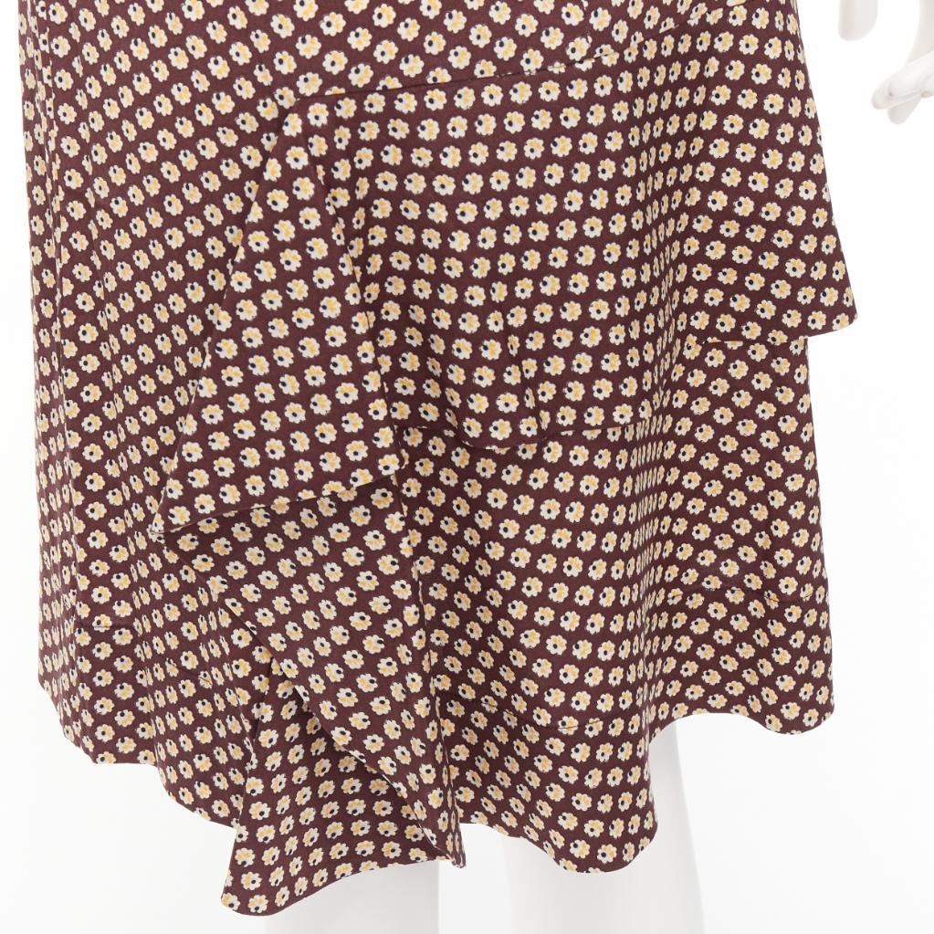 MARNI brown yellow floral silk blend ruffle drape front mid skirt IT40 S For Sale 2