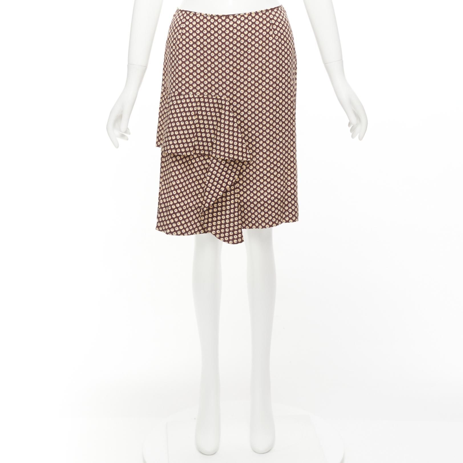 MARNI brown yellow floral silk blend ruffle drape front mid skirt IT40 S For Sale 4