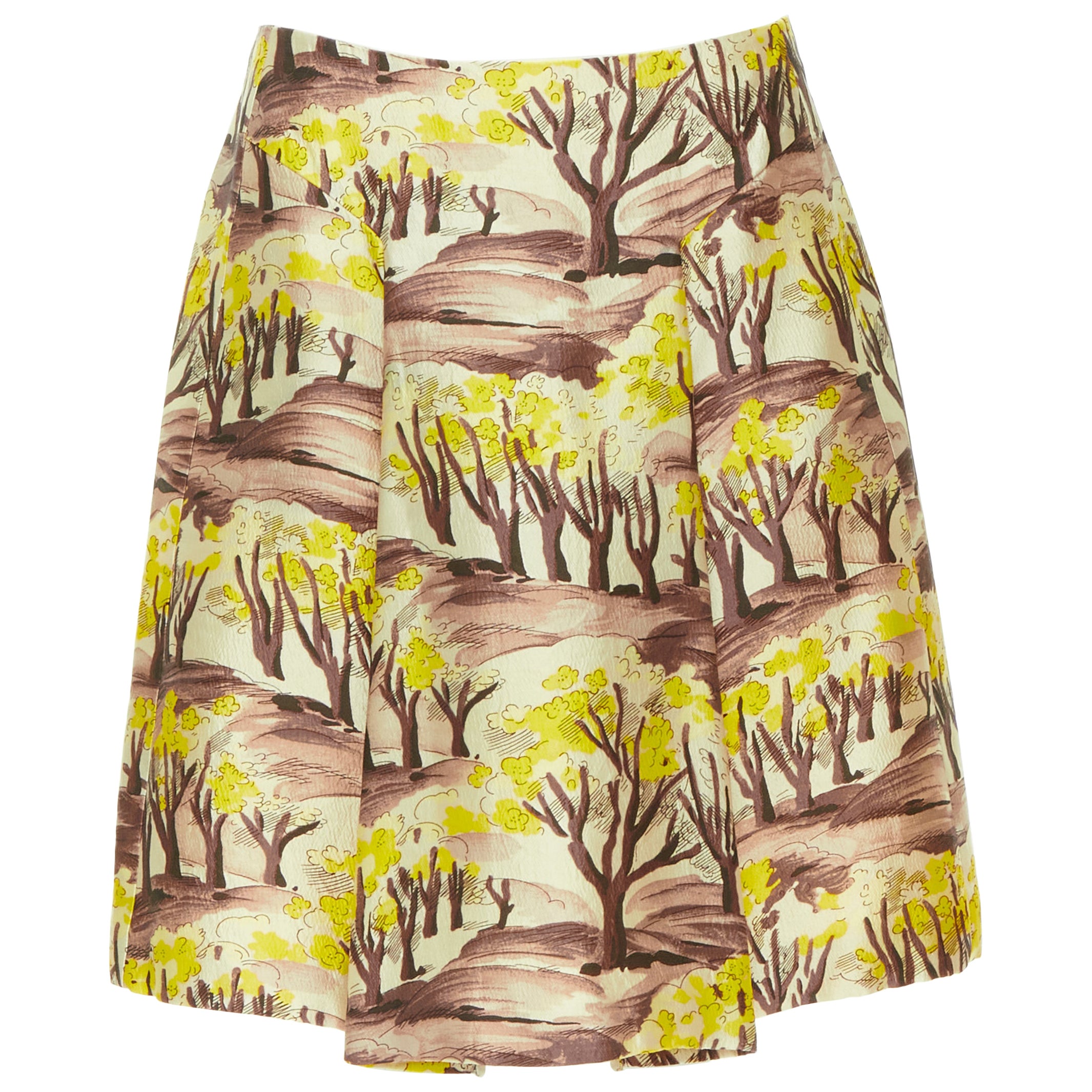 MARNI brown yellow tree illustration print pleated A-line skirt IT40 S