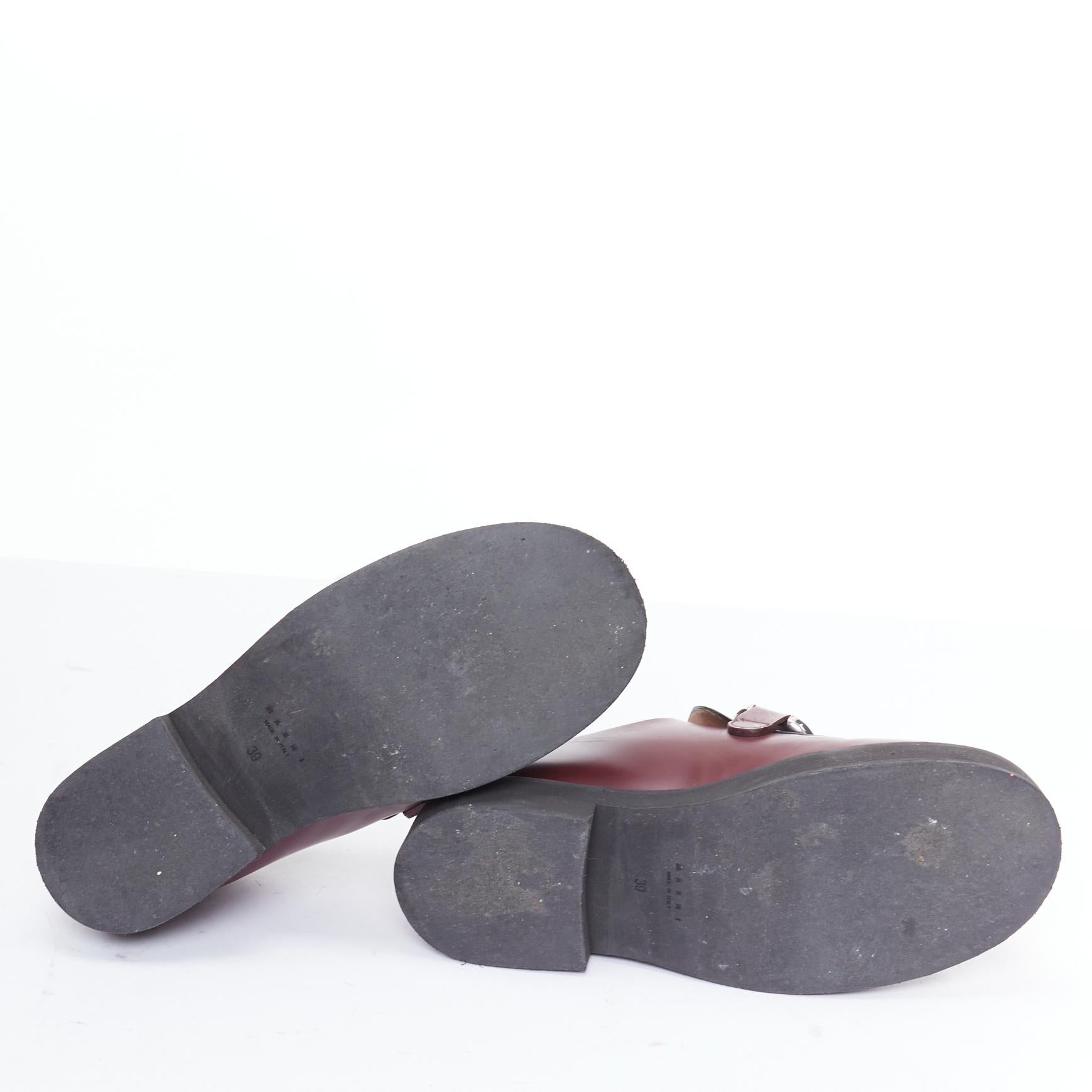 MARNI burgundy black leather silver chunky buckle loafers EU39 For Sale 6