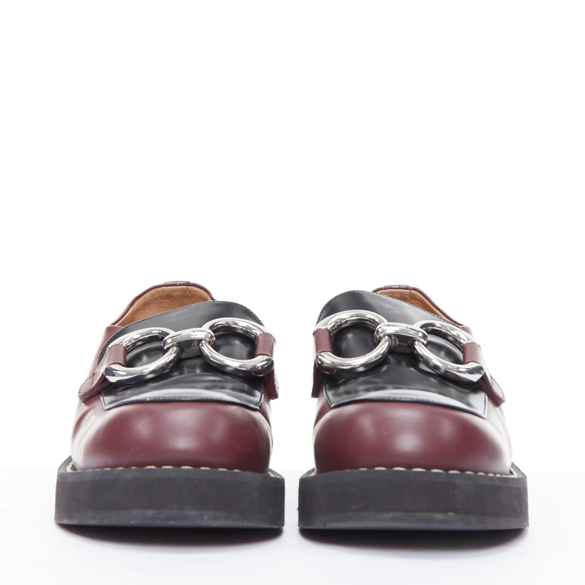Gray MARNI burgundy black leather silver chunky buckle loafers EU39 For Sale