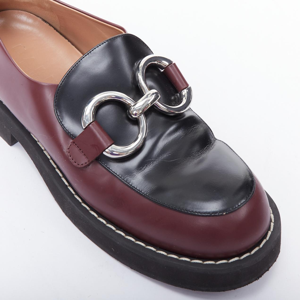 MARNI burgundy black leather silver chunky buckle loafers EU39 For Sale 2