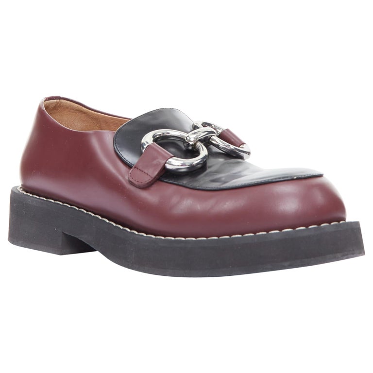 MARNI burgundy black leather silver chunky buckle loafers  display picture 3