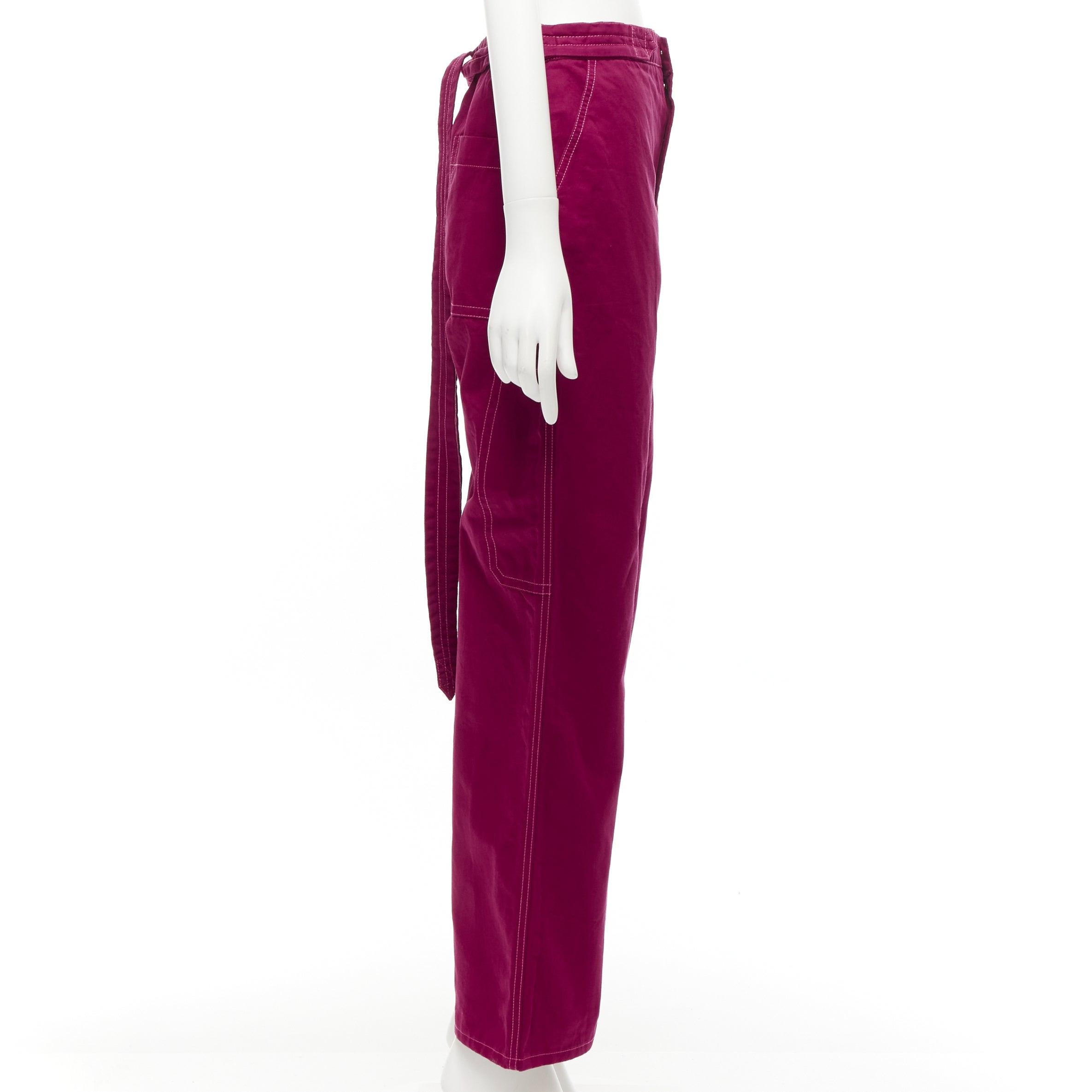 MARNI burgundy cotton linen topstitch belt waist wide leg pants IT38 XS In Excellent Condition For Sale In Hong Kong, NT