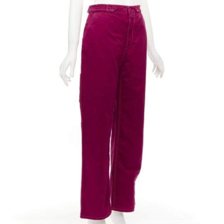 Red MARNI burgundy cotton linen topstitch belt waist wide leg pants IT38 XS For Sale