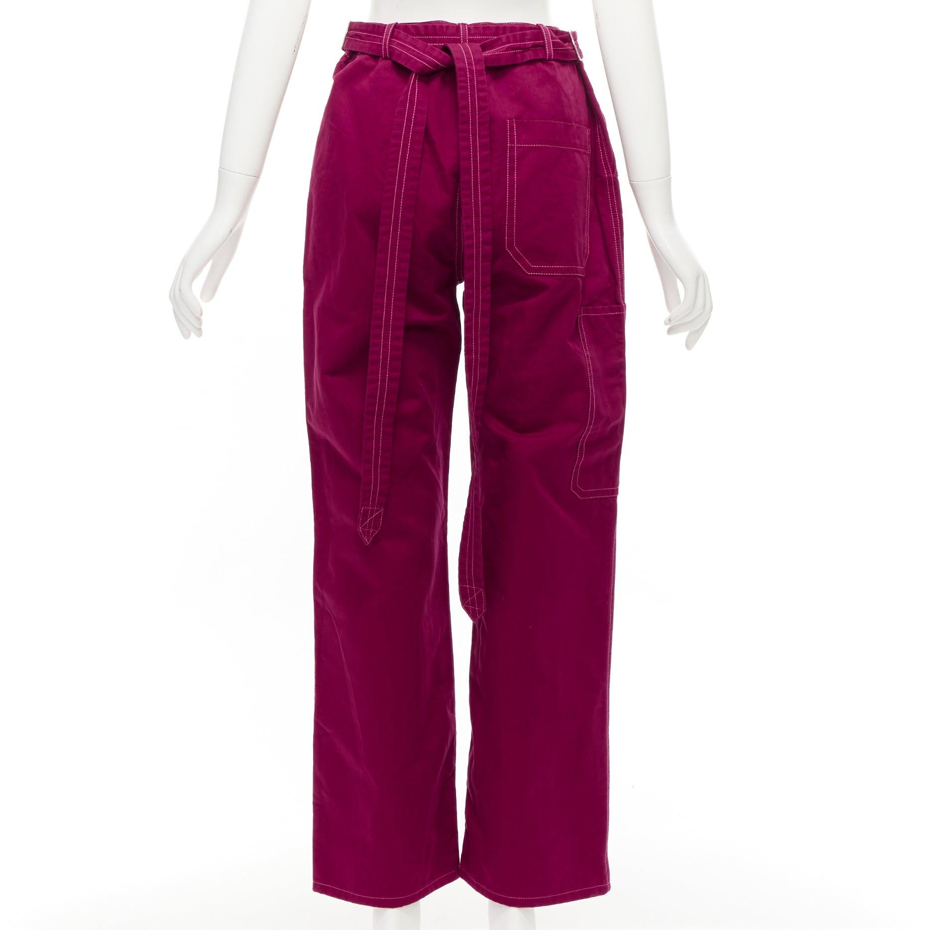 Women's MARNI burgundy cotton linen topstitch belt waist wide leg pants IT38 XS For Sale