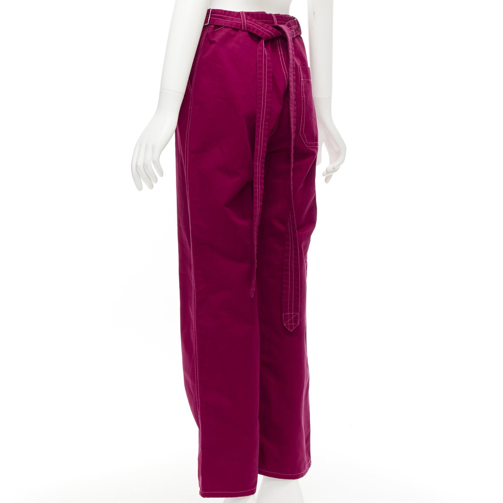 MARNI burgundy cotton linen topstitch belt waist wide leg pants IT38 XS For Sale 1