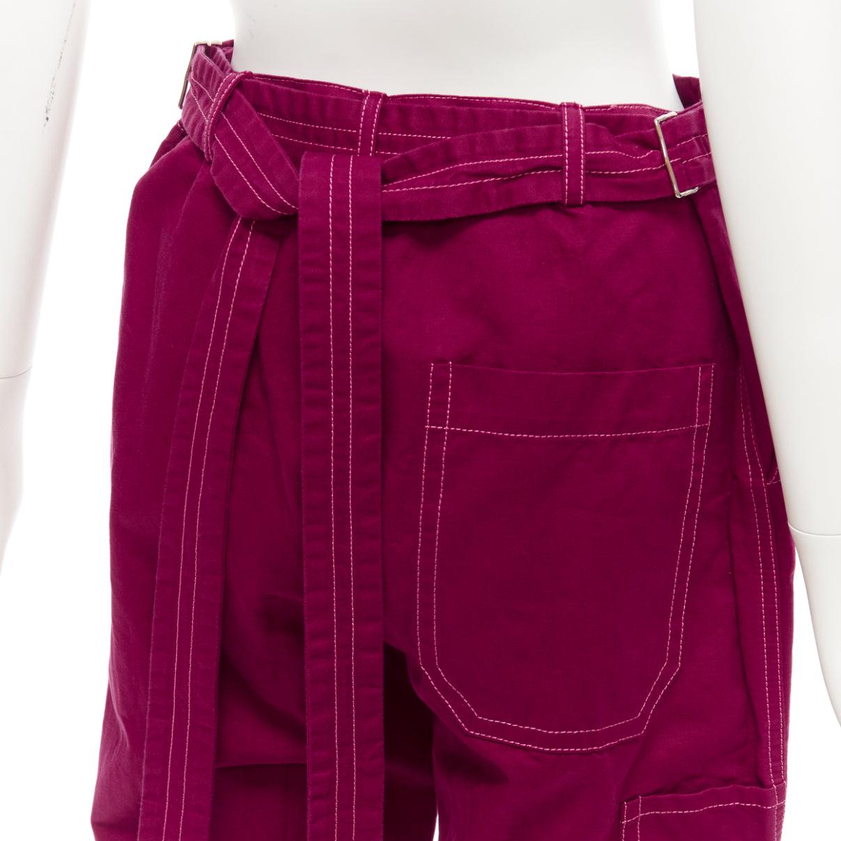 MARNI burgundy cotton linen topstitch belt waist wide leg pants IT38 XS For Sale 2