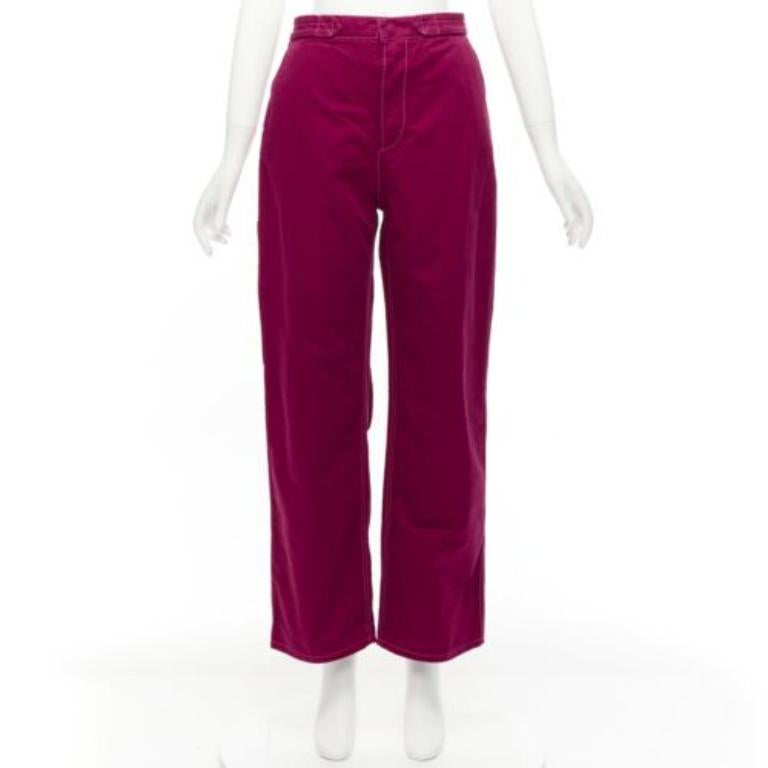 MARNI burgundy cotton linen topstitch belt waist wide leg pants IT38 XS For Sale 4