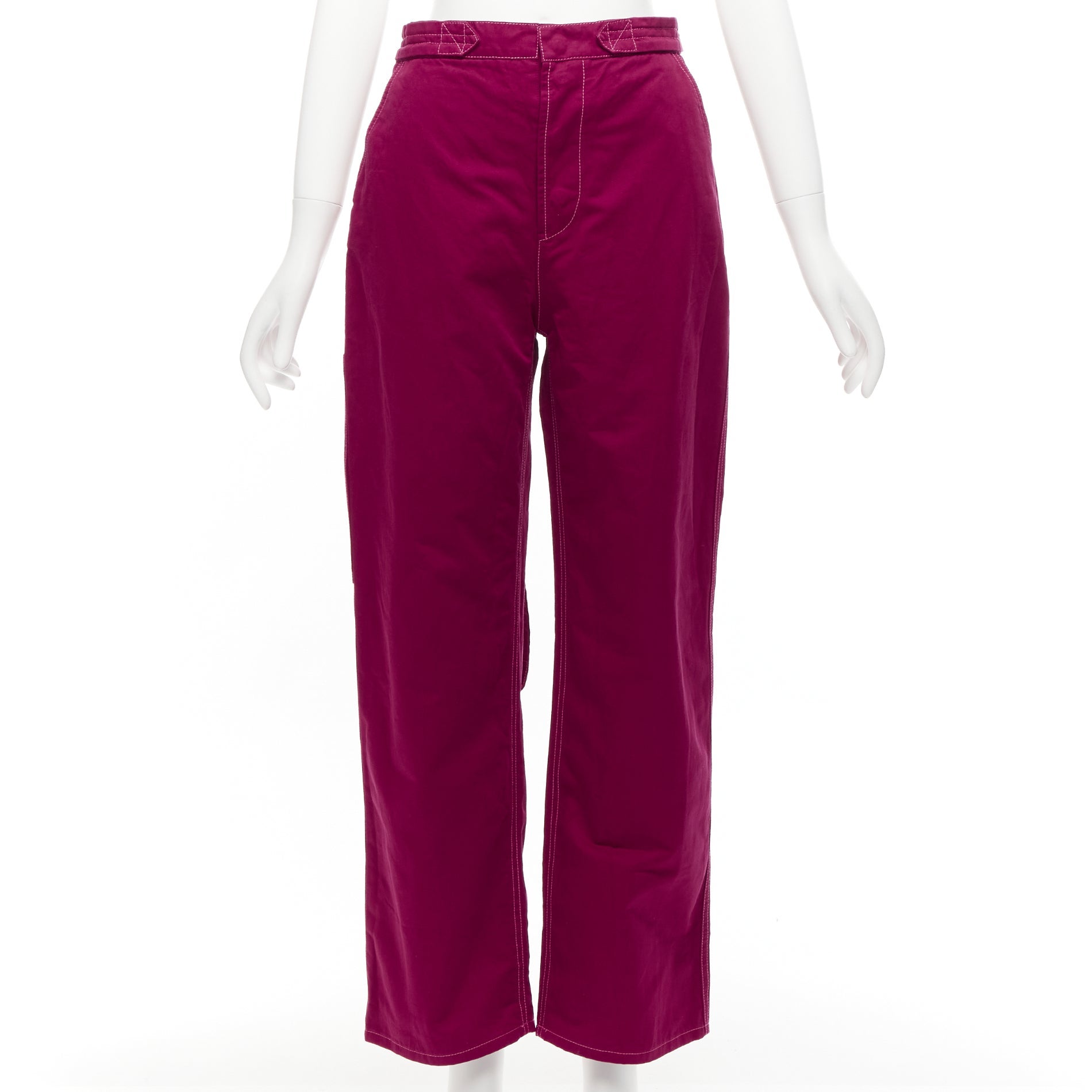 MARNI burdeos algodón lino pespunte cinturón cintura pantalón pernera ancha IT38 XS