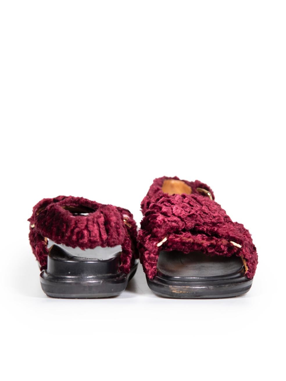 Marni Burgundy Faux Shearling Fussbett Strap Sandals Size IT 38 In Good Condition For Sale In London, GB