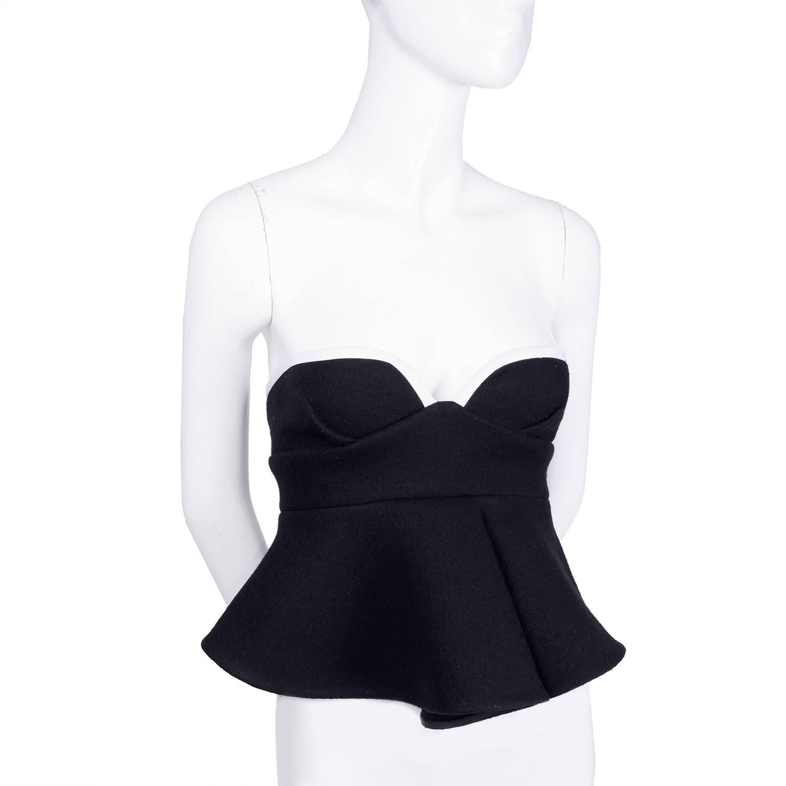 Marni Black Felted Wool Bustier With Silk Lining and White Trim with Peplum 6