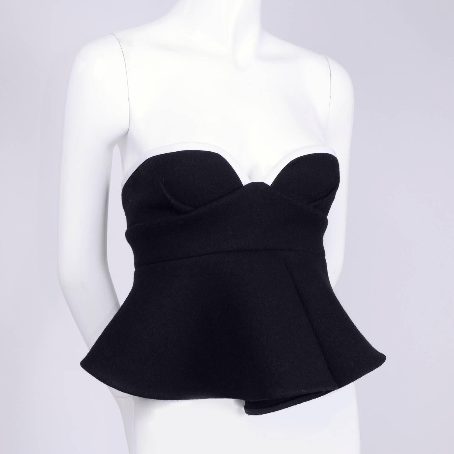Marni Black Felted Wool Bustier With Silk Lining and White Trim with Peplum In Excellent Condition In Portland, OR