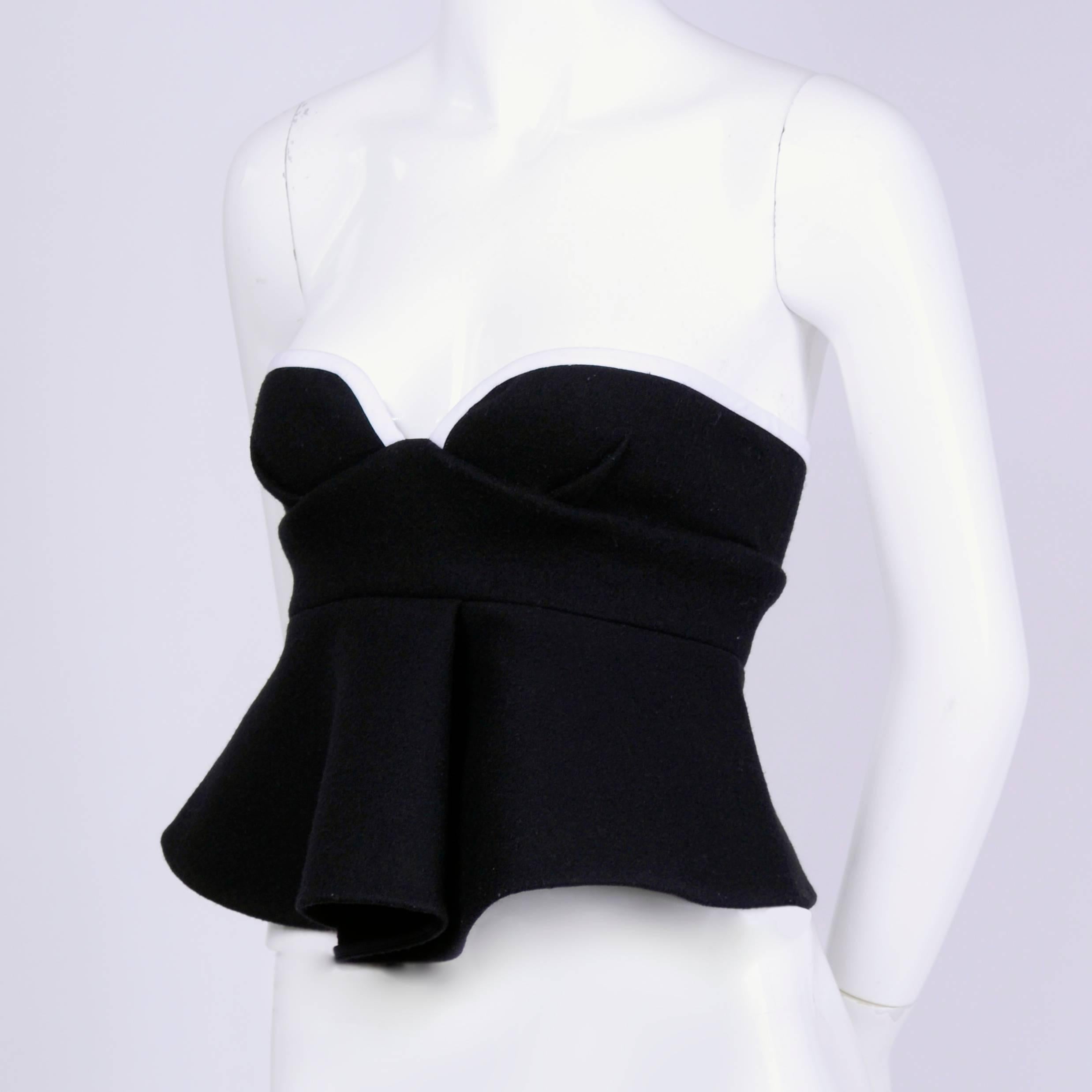 Women's Marni Black Felted Wool Bustier With Silk Lining and White Trim with Peplum