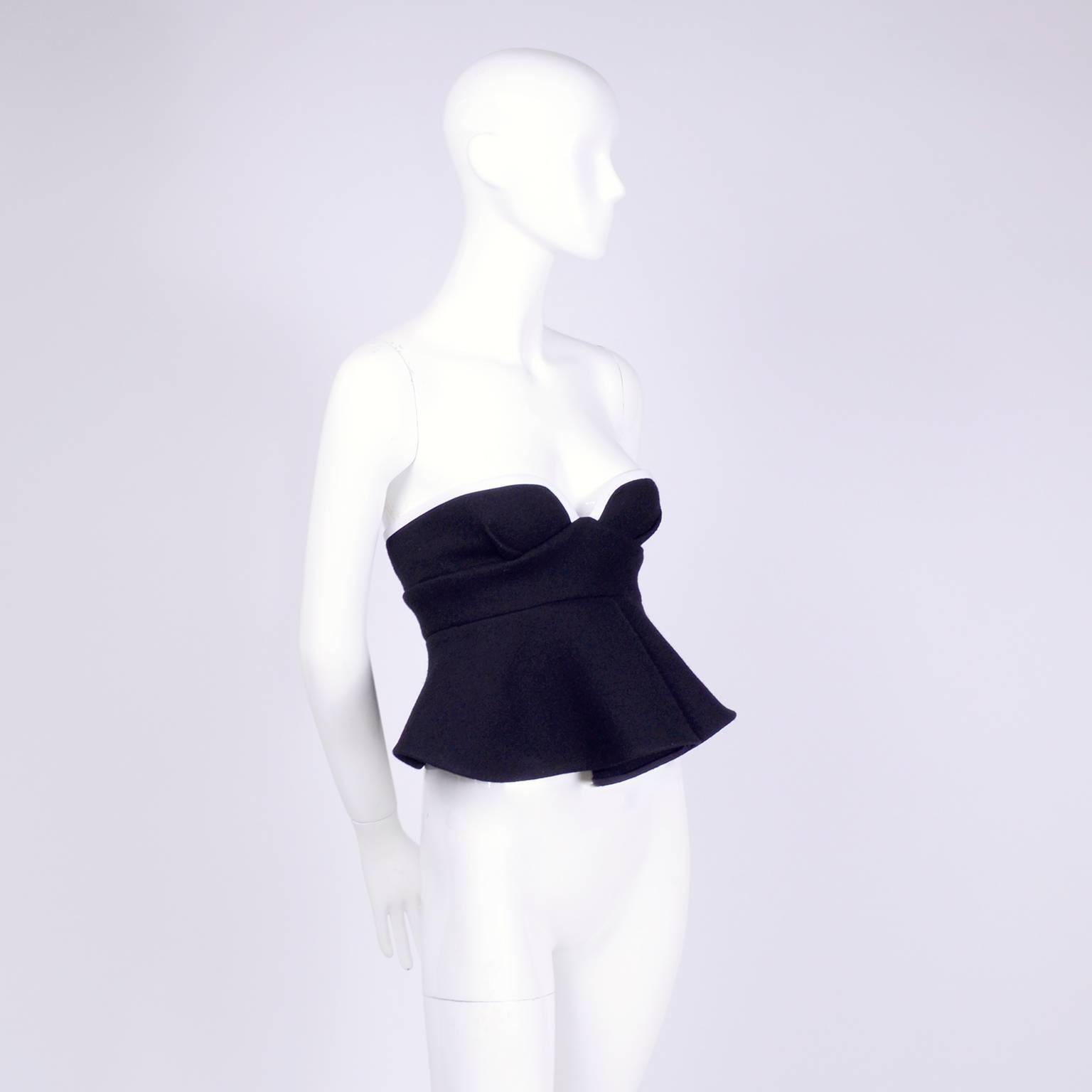 Marni Black Felted Wool Bustier With Silk Lining and White Trim with Peplum 2