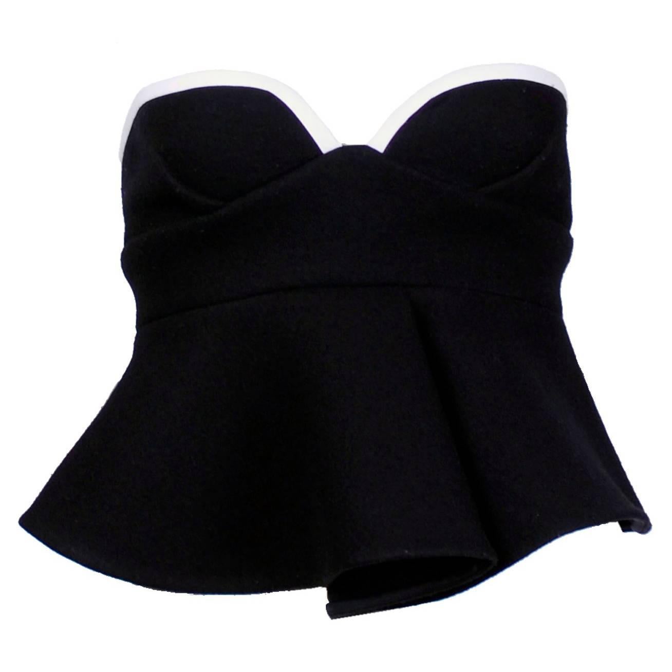 Marni Black Felted Wool Bustier With Silk Lining and White Trim with Peplum