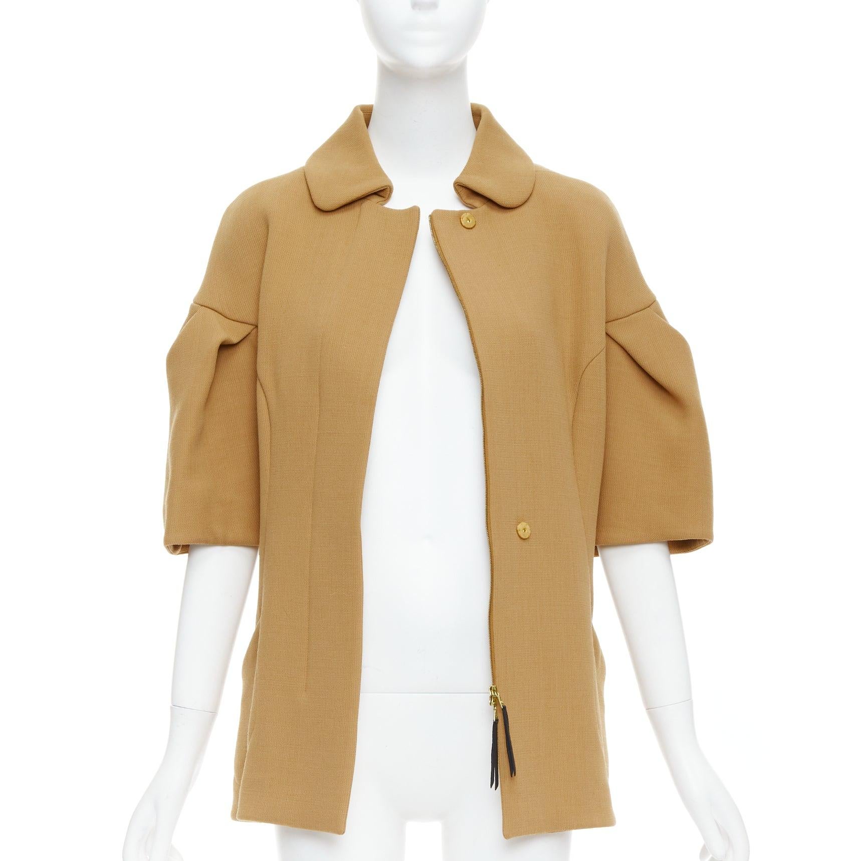 Marrone Marni cappotto in lana vergine cammello con maniche a sbuffo e zip, collo rotondo IT40 S in vendita