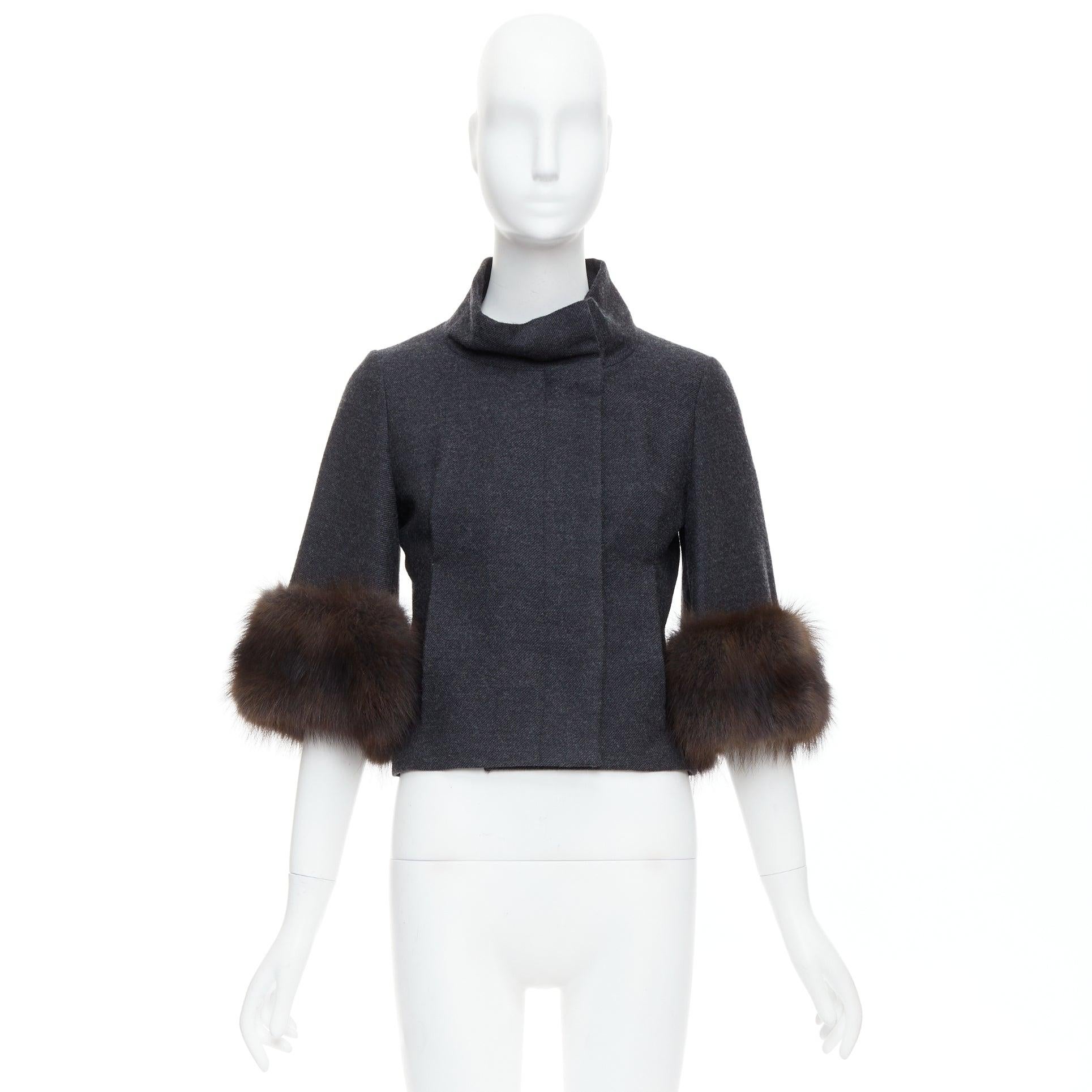 MARNI Anthrazitgraue, flachgeschnittene Jacke aus Wollmischung mit Pelzbesatz IT40 S im Angebot 5