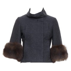 MARNI charcoal grey fur trim flare wool blend cropped jacket IT40 S