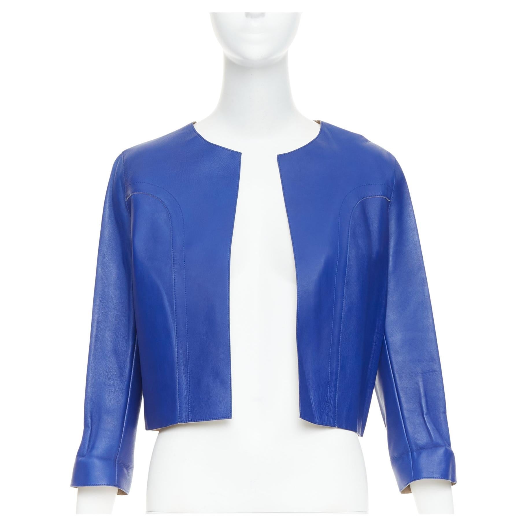 MARNI cobalt blue beige lined lamb leather rounded sleeve cropped jacket IT38 XS