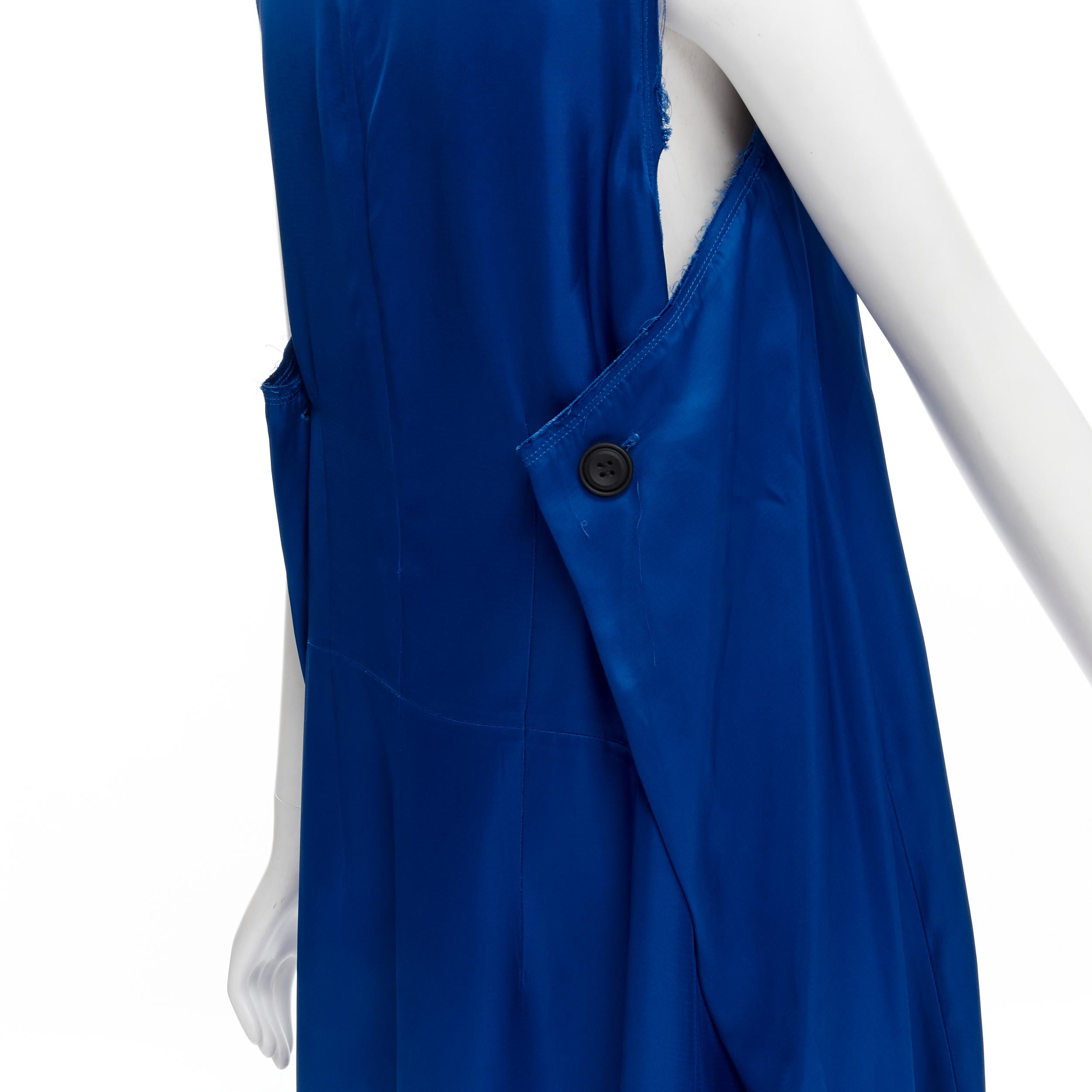 MARNI cobalt blue viscose raw frayed edge step hem folded back dress IT38 XS 
Reference: CELG/A00179 
Brand: Marni 
Material: Viscose 
Color: Blue 
Pattern: Solid 
Closure: Zip 
Extra Detail: Raw frayed edges. Black rubber button pinching volumn at