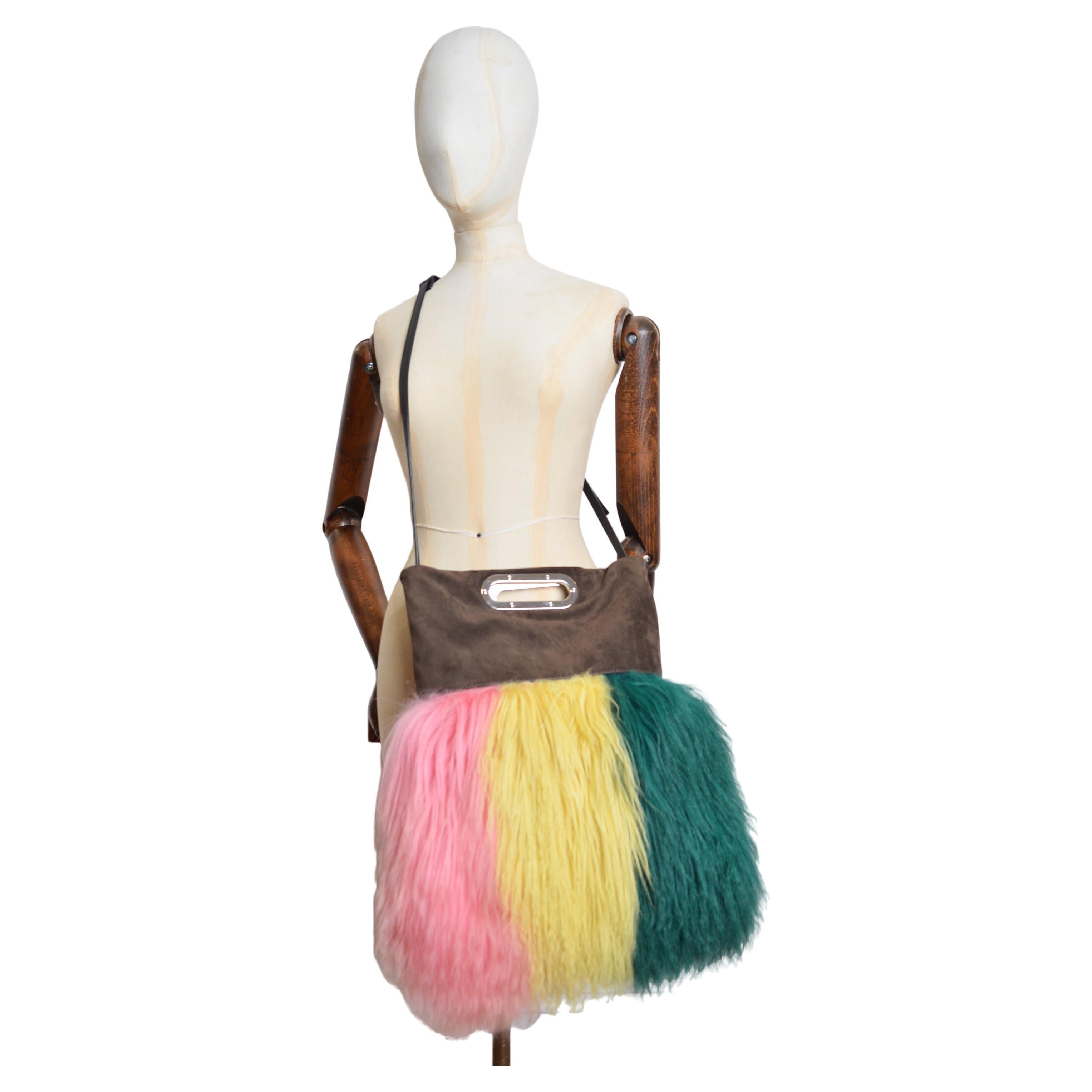 MARNI Colourful Pre Fall 2015 Shearling Fluffy Bandoleer Suede Sheepskin Bag In Good Condition In Sheffield, GB