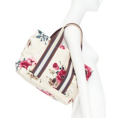 MARNI cream canvas pink floral print brown web trim casual tote bag