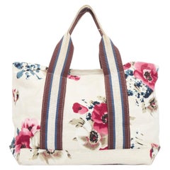 MARNI cream canvas pink floral print brown web trim casual tote bag