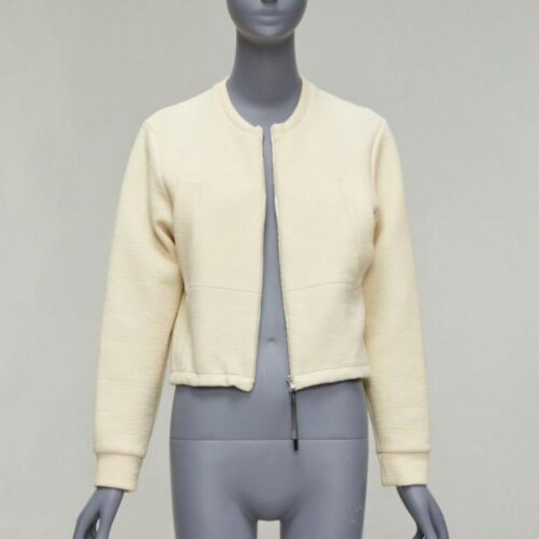 Beige MARNI cream cotton leather zip pull cropped bomber jacket IT36 XXS For Sale
