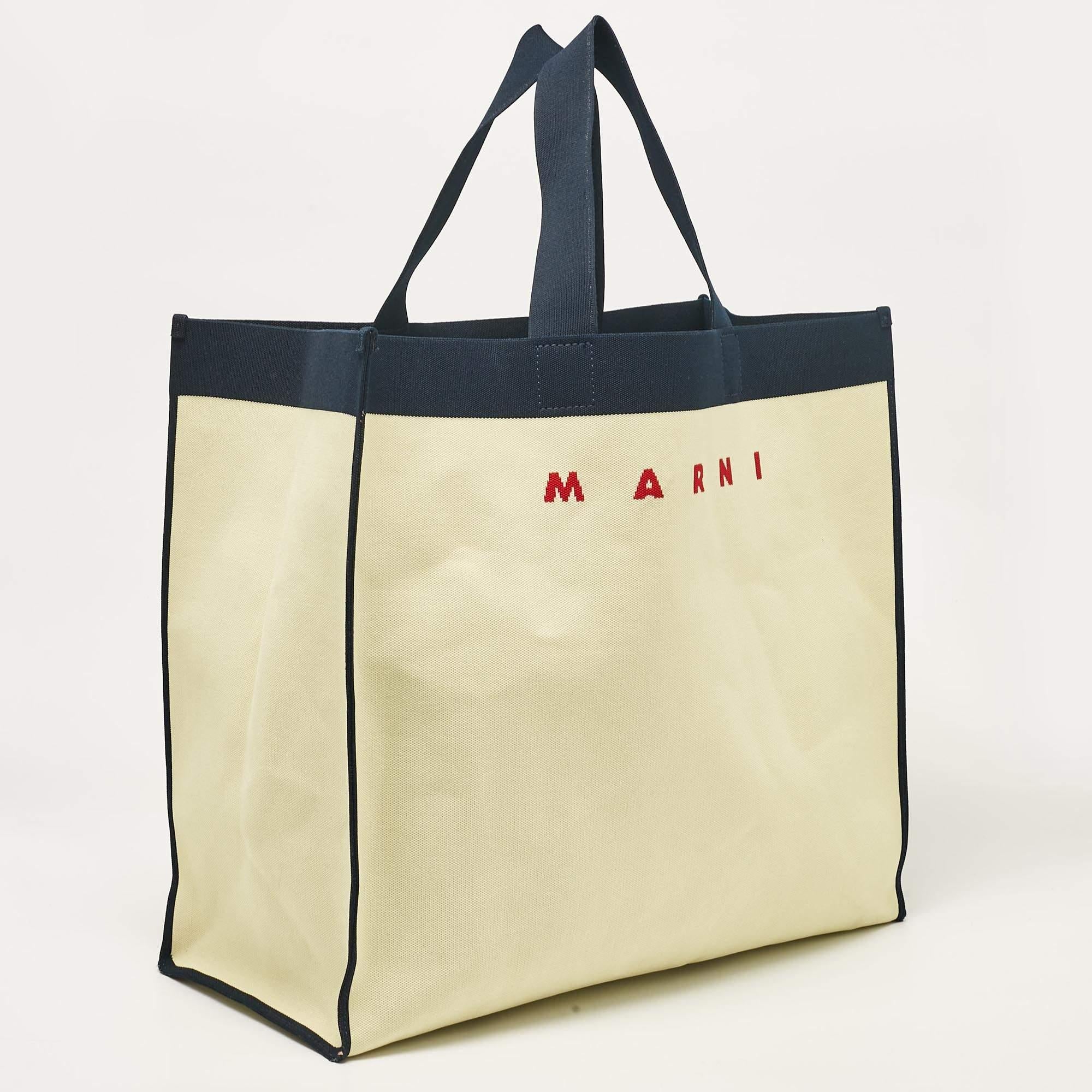 Beige Marni Cream/Navy Blue Canvas Logo Shopping Tote For Sale