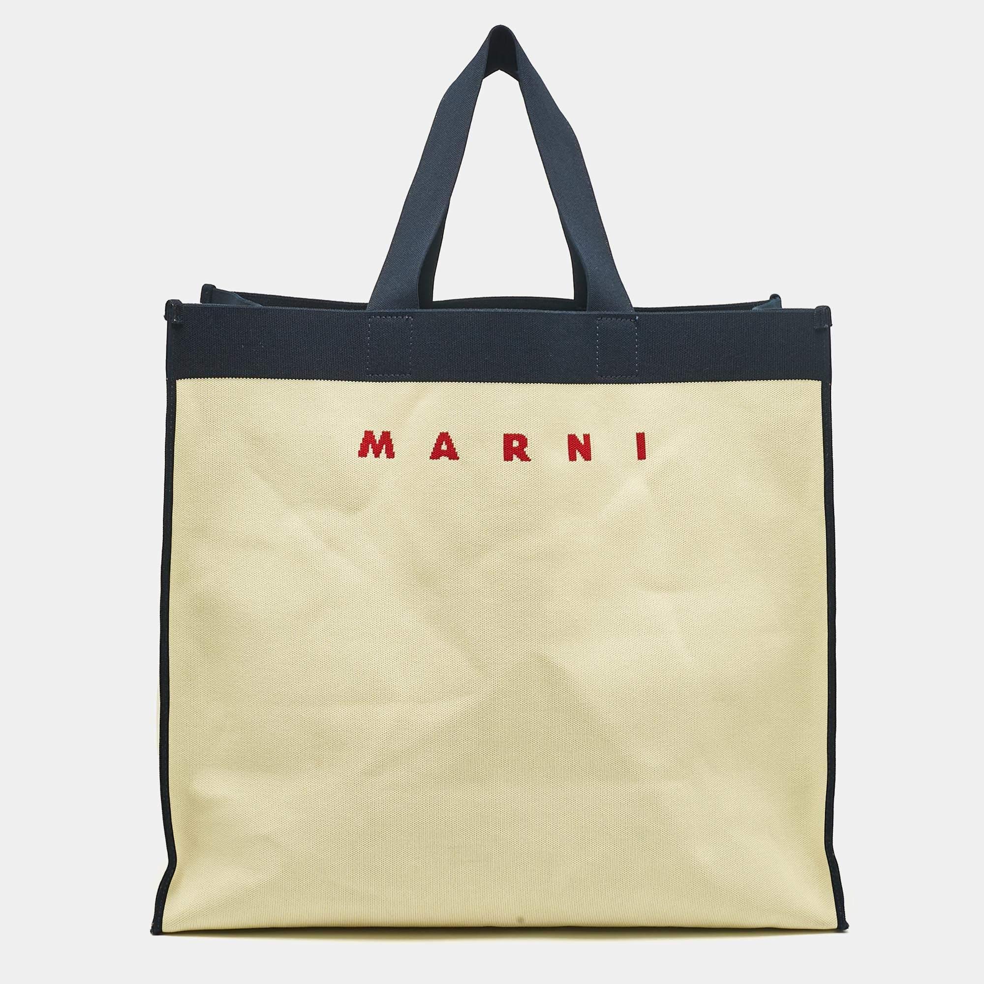 Marni Cream/Navy Blue Canvas Logo Shopping Tote In Excellent Condition For Sale In Dubai, Al Qouz 2