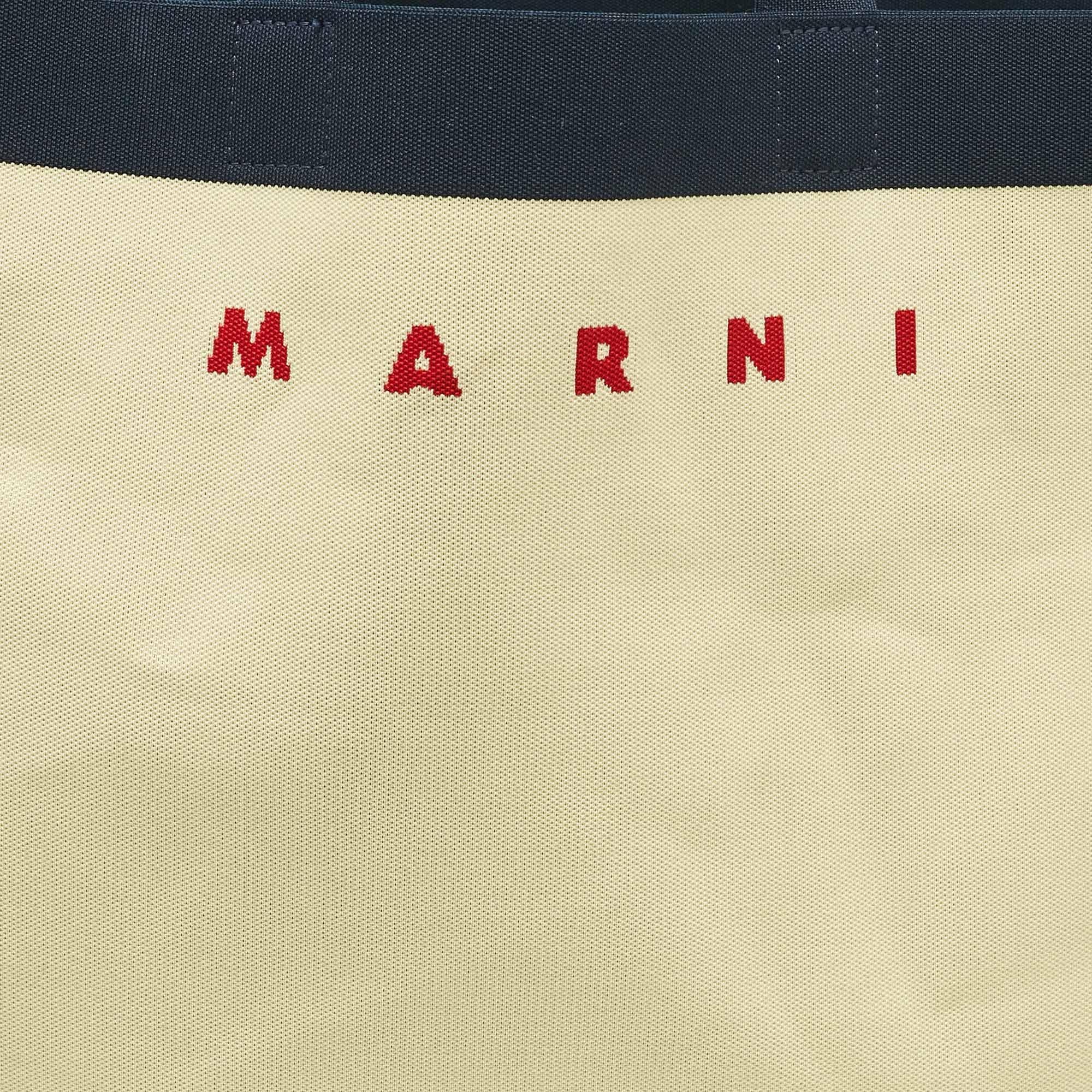 Marni Cream/Navy Blue Canvas Logo Shopping Tote For Sale 1