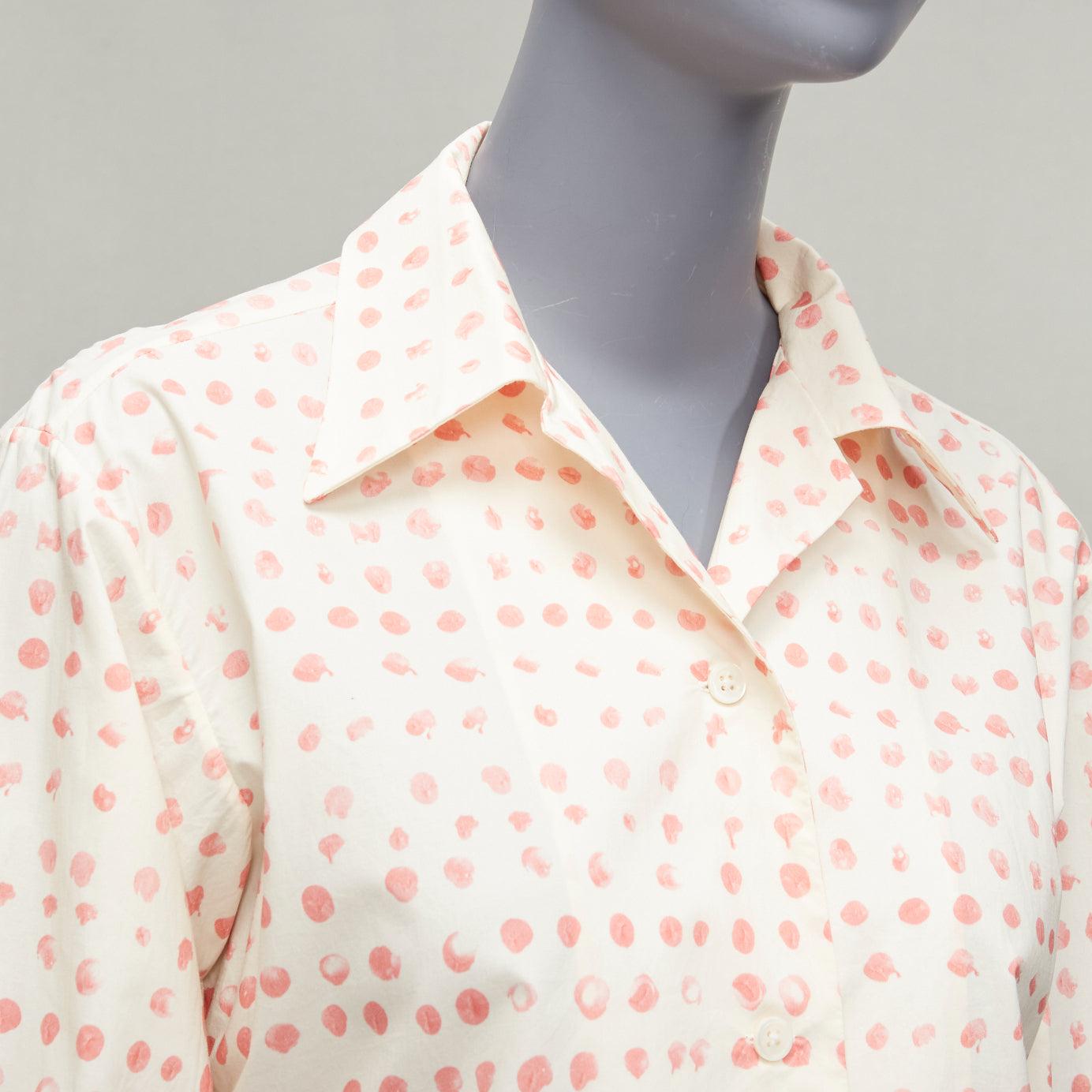 MARNI cream pink painted polka dots print long sleeve shirt IT38 XS
Reference: CELG/A00353
Brand: Marni
Material: Cotton
Color: Cream, Pink
Pattern: Polka Dot
Closure: Button
Extra Details: Back yoke.
Made in: Italy

CONDITION:
Condition: Excellent,