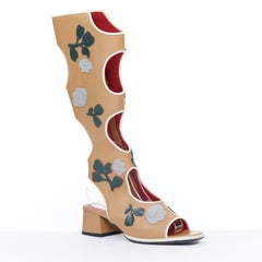 MARNI cutout floral applique open toe tan beige leather knee high boots EU36