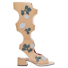 MARNI cutout floral applique open toe tan beige leather knee high boots EU36