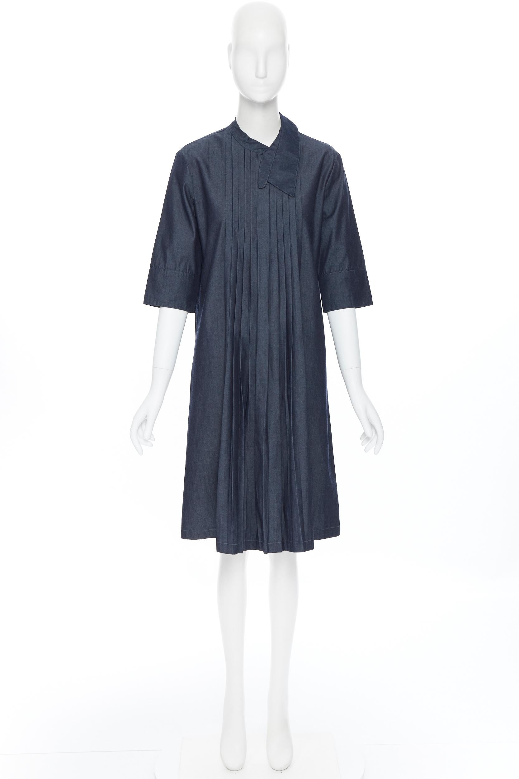 Black MARNI dark blue denim cotton deconstructed collar pleated casual dress IT42
