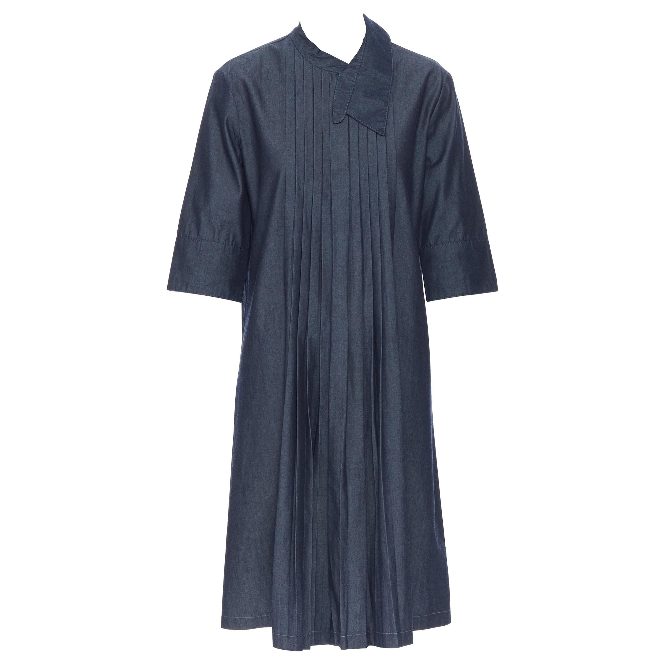 MARNI dark blue denim cotton deconstructed collar pleated casual dress IT42