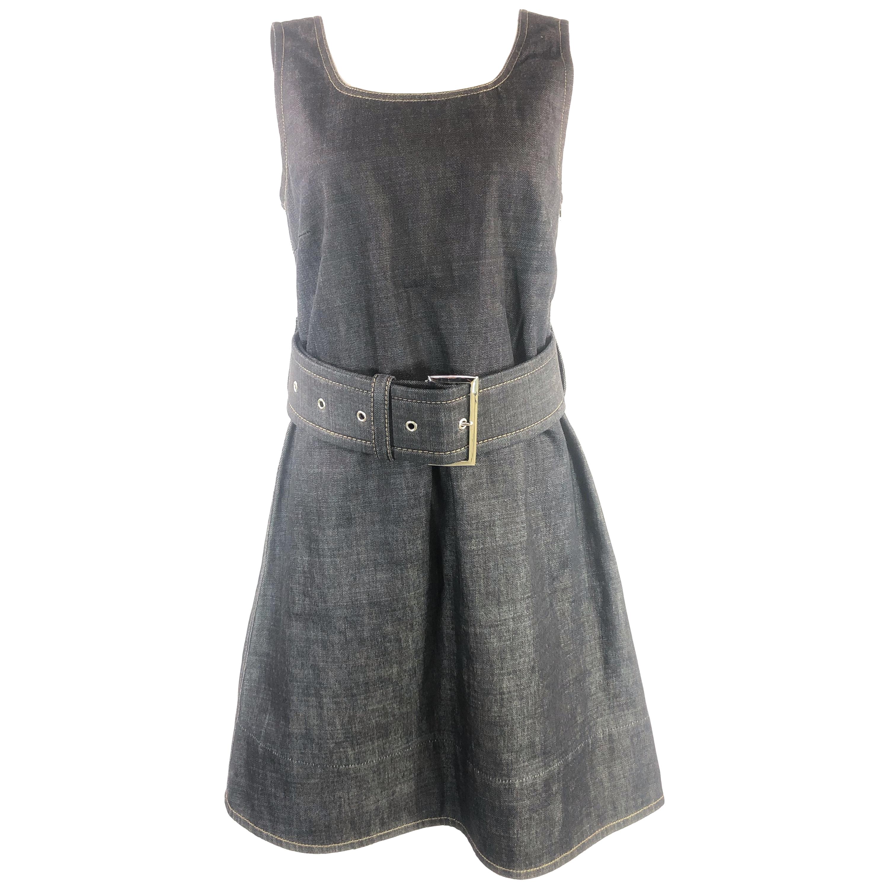 MARNI Dark Blue Denim Sleeveless Belted Mini Dress Size 40 For Sale