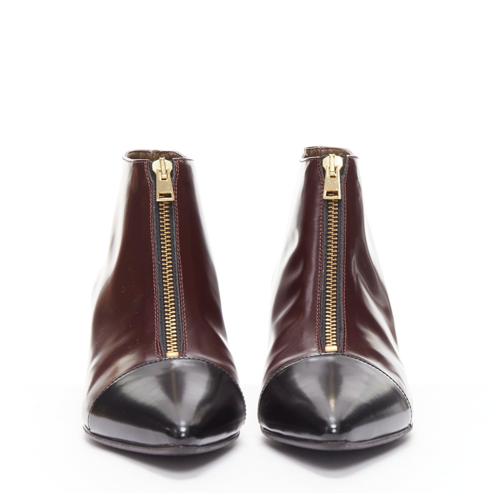 Noir MARNI marron foncé noir bout de la chaussure à talon kitten heel zip front bootie EU37 en vente