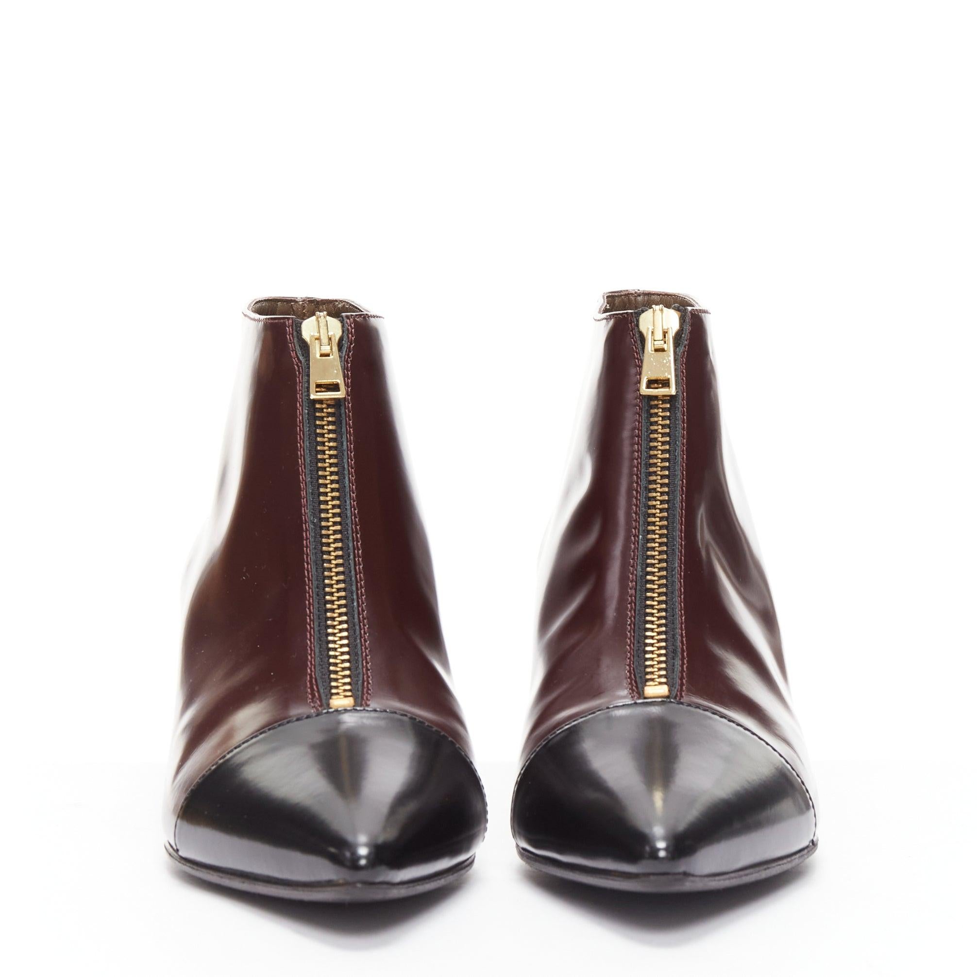 MARNI marron foncé noir bout de la chaussure à talon kitten heel zip front bootie EU37 Bon état - En vente à Hong Kong, NT