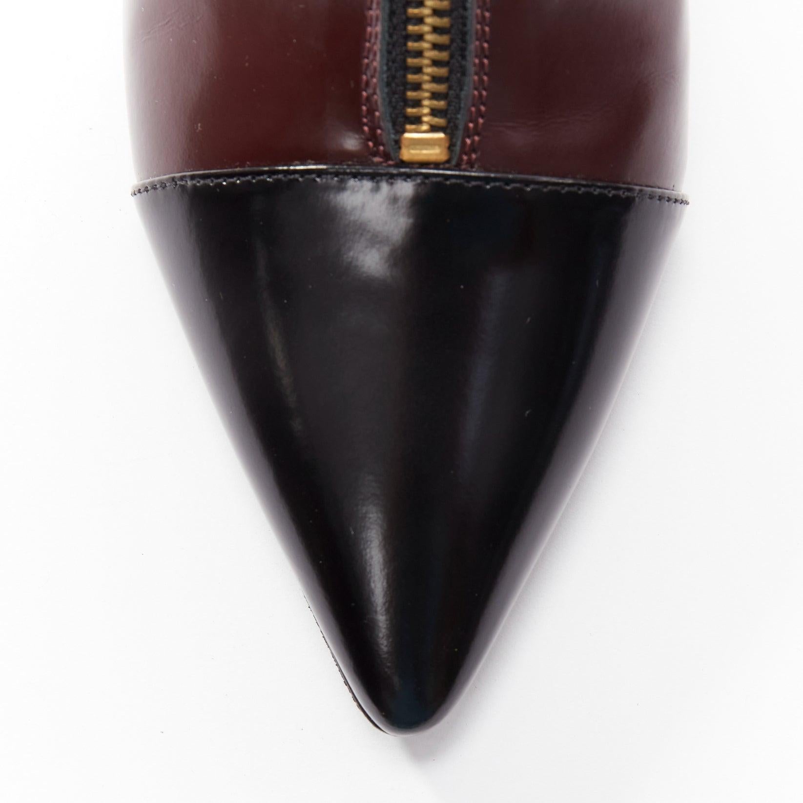 MARNI marron foncé noir bout de la chaussure à talon kitten heel zip front bootie EU37 en vente 1