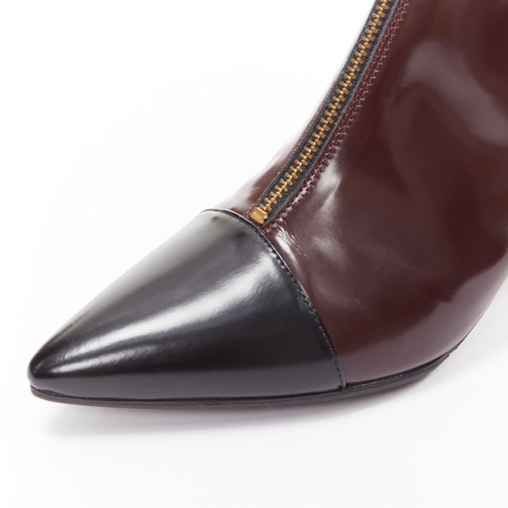 MARNI marron foncé noir bout de la chaussure à talon kitten heel zip front bootie EU37 en vente 2