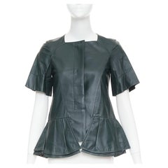 MARNI dark green nappa lamb leather panelled ruffled peplum jacket IT38 XS